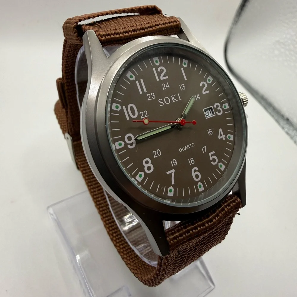 New Soki Canvas Brown Belt, Military Watch, Date Display, Men's (New Battery)